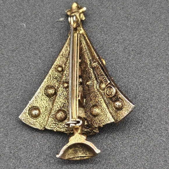 Vintage Hollycraft Signed Christmas Gold Brooch Pin Rhinestones MCM Mid-Century